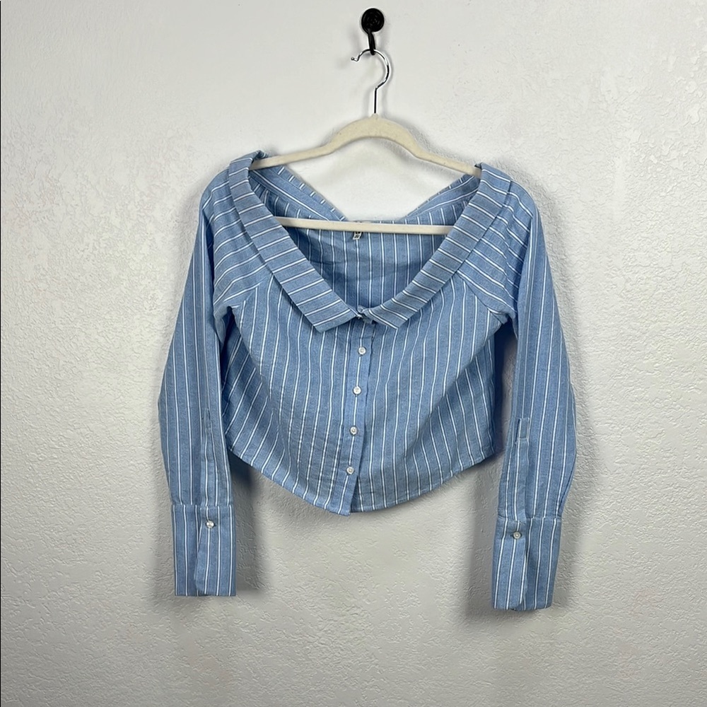 Tobi Blue and White Striped Off-Shoulder Crop Top